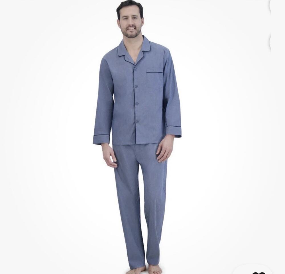 2-Piece HANES Mens XL Stretch Woven Shirt & Pants Pajama Set Long Sleeve • Navy